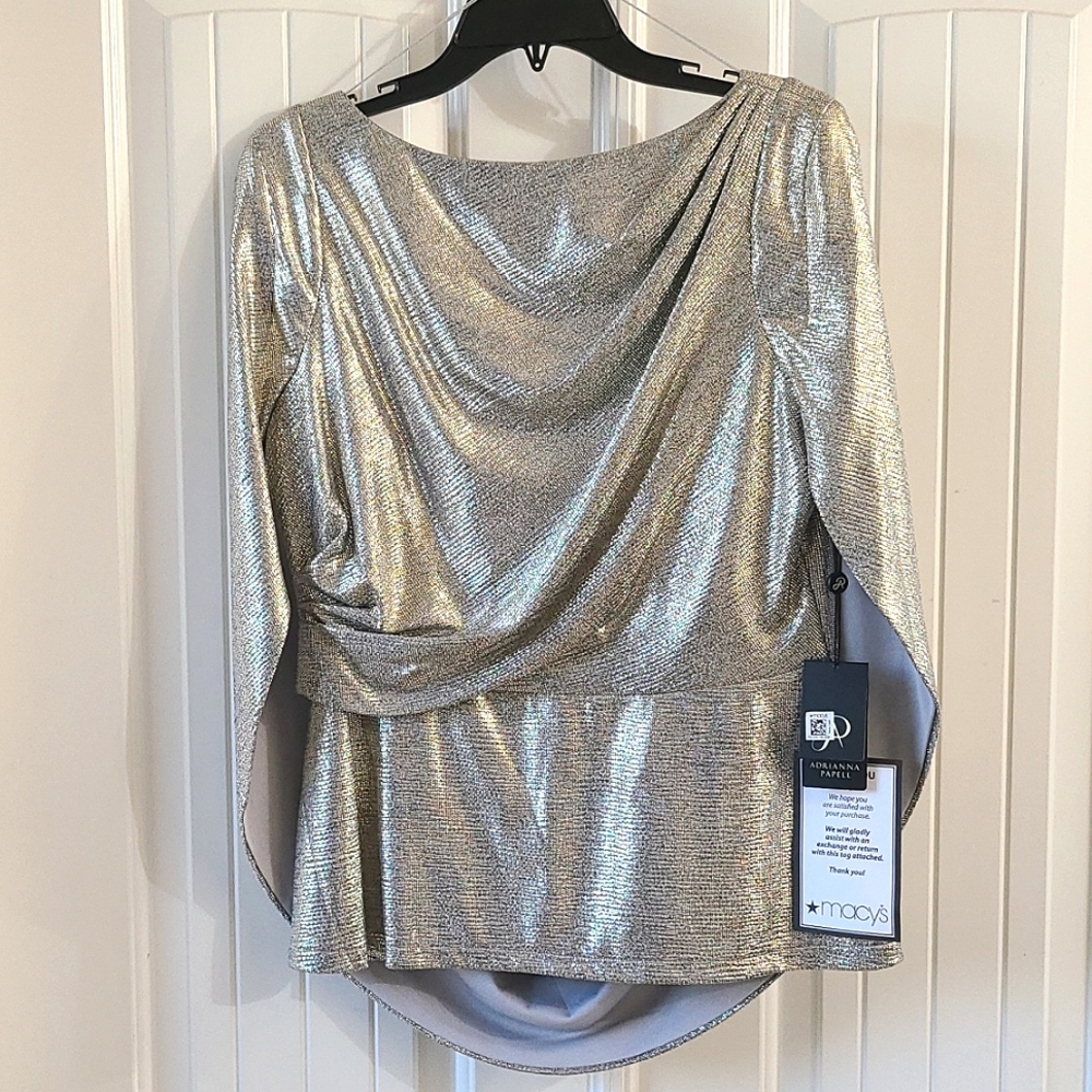 Elegant NWT Adrianne Papell Metallic Cowl Cape Top, size 10